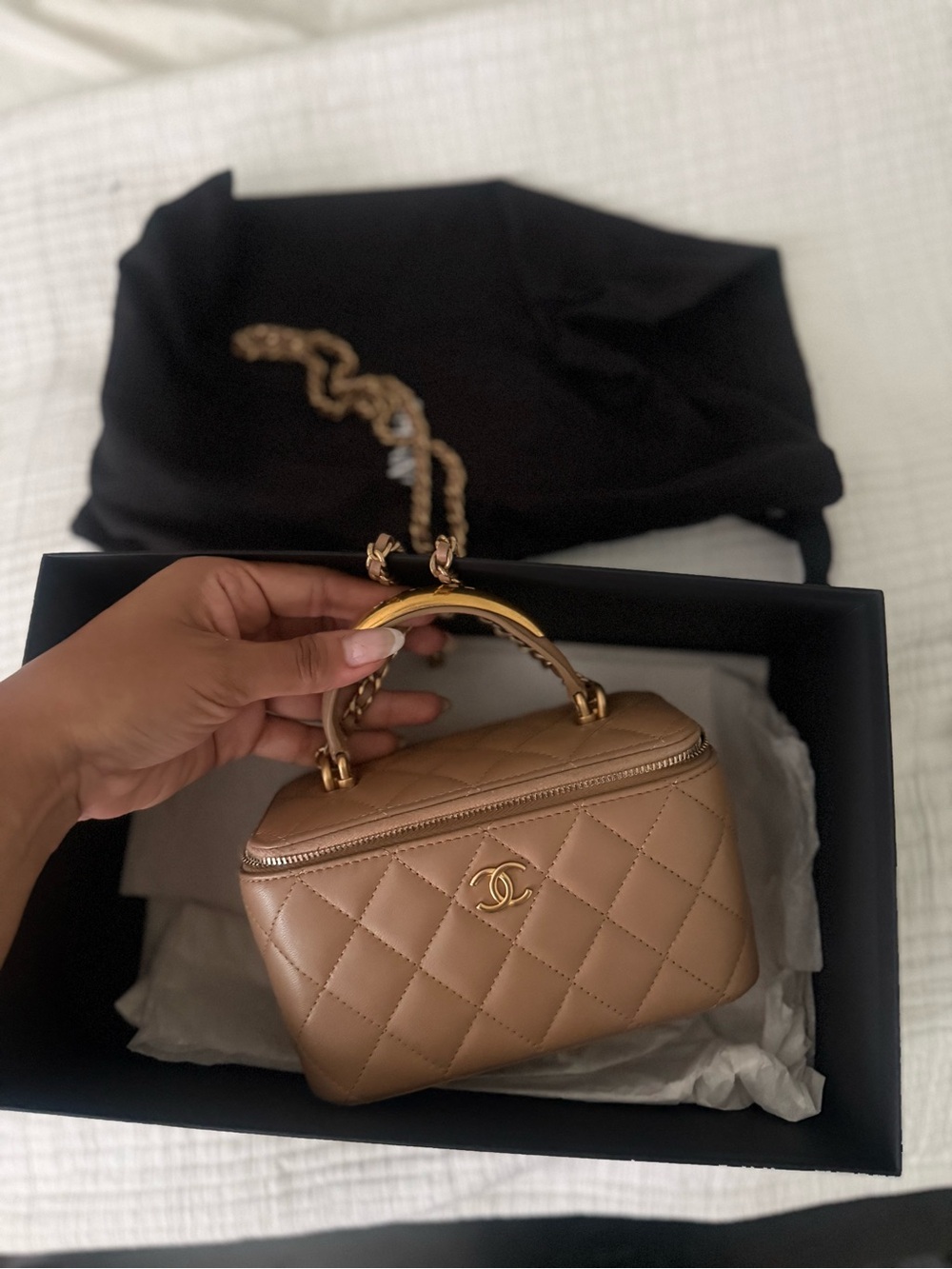 CHANEL Lambskin Quilted Metal Small Top Handle Vanity Case With Chain Beige